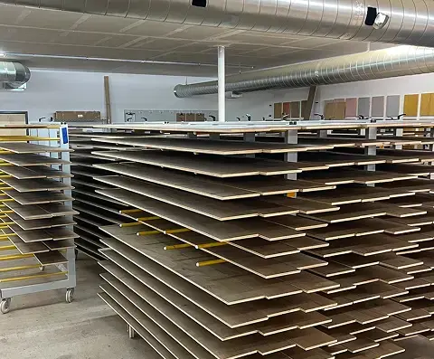 Climate-controlled warehouse storing hardwood flooring